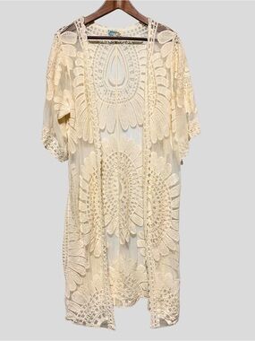 Rebellion Again Ivory Cream Lace Mesh Kimono Duster Boho Festival Cover Up L